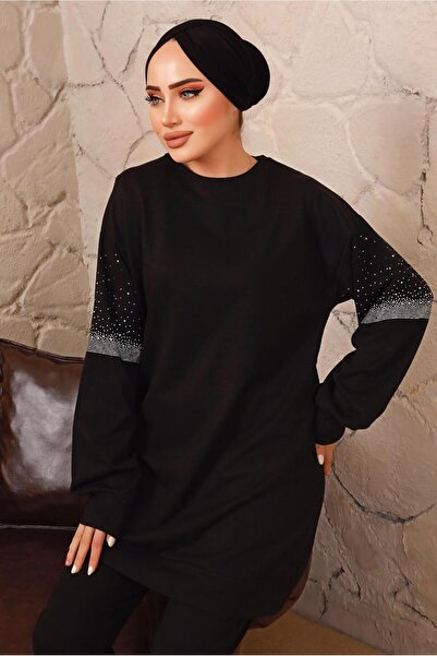 TRENDTESETTÜR بدلة نسائية بأساور مطاطية ذات تفاصيل حجر أسود وبنطلون مزدوج T 6992