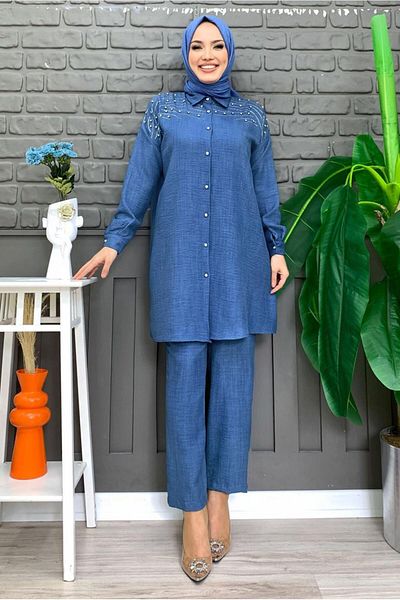 TRENDTESETTÜR Γυναικείο μπλε Navy Blue (NDIGO) Κοστούμι παντελόνι με στάμπα με κουμπιά T 0348