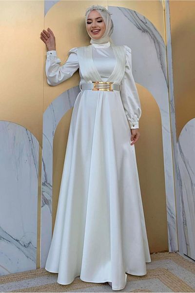 TRENDTESETTÜR Women's Ecru Belted Drape Detailed Satin Evening Dress T 2973