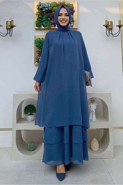 TRENDTESETTÜR Μπλε Navy Chiffon Φόρεμα - Ελαστική μανσέτα, T 0603