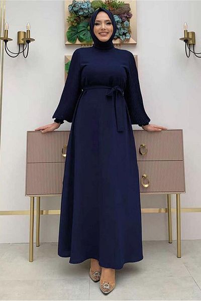 TRENDTESETTÜR Γυναικείο φόρεμα Navy Blue πλισέ με ζώνη - T 1383