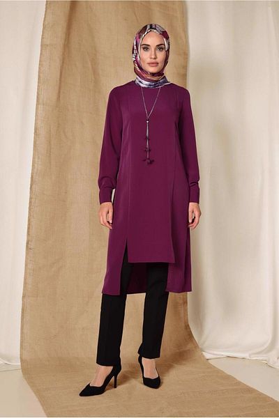 TRENDTESETTÜR Women's Purple (BEGONVİL) Asymmetric Cut Necklace Tunic T 4862