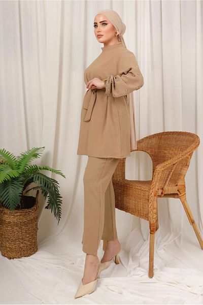 TRENDTESETTÜR Γυναικείο καφέ (CAMEL) Πέτρινο Κεντημένο Παντελόνι Ζώνης Σετ T 9203