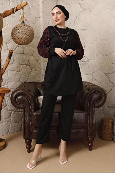 TRENDTESETTÜR Women's Red Sleeves Chiffon Patterned Chain Detailed Trousers Suit T 8103