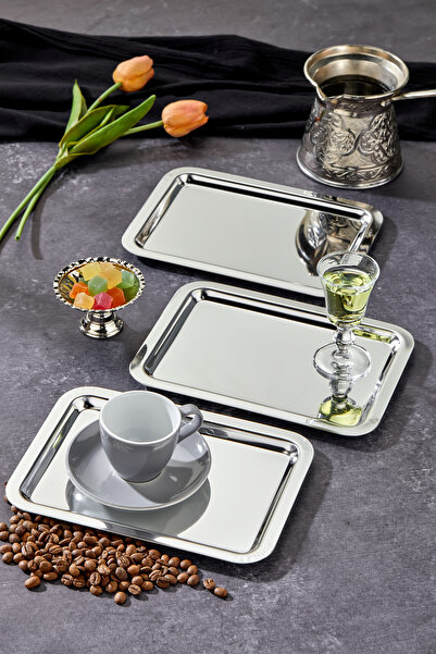 Turkco Elegante Noir Series Chrome Presentation Tray, Promise Engagement Tray, 22X16Cm, Avant-Garde Design, 3 Pieces