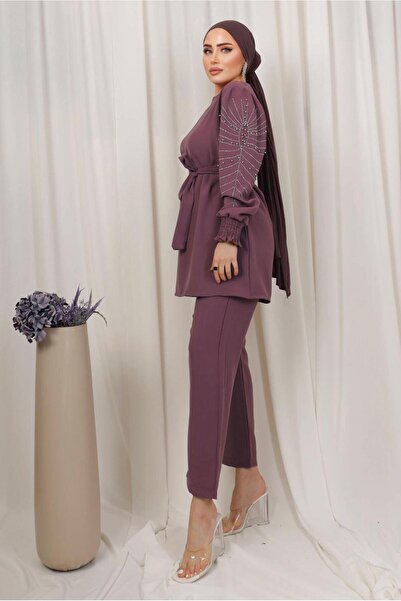 TRENDTESETTÜR Women's Pink (ROSE DURN) Sleeve Embroidered Belted Trousers Suit T 0303