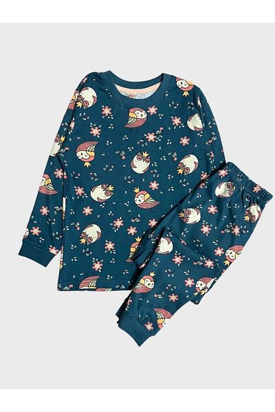 TOFU KİDS Girl's 100% Cotton Green Owl Floral Print Long Sleeve Winter Pajamas Set