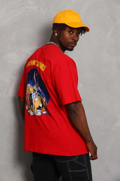 Tarz Unisex Oversize Printed Crew Neck T-Shirt - Red