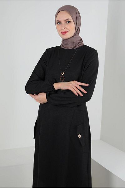 TRENDTESETTÜR WOMEN'S BLACK POCKET DETAILED CYCLING NECK TUNIC T 2885