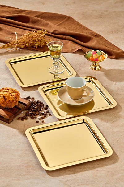 Turkco Royal Gold Serisi Gold Sunum Tepsisi, Söz Nişan Tepsisi,  24cm, Avangart Dizayn, 3 Adet