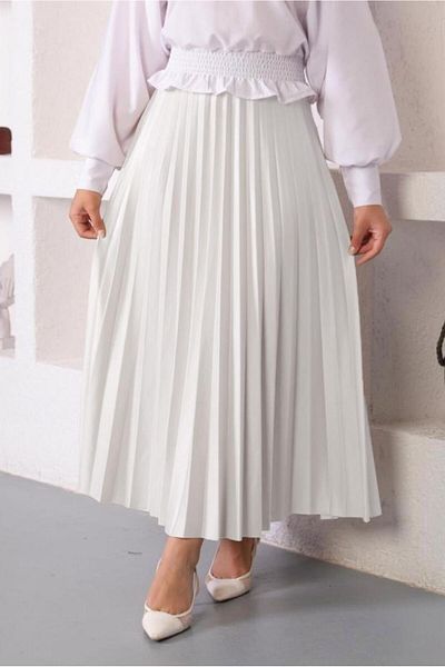 TRENDTESETTÜR WOMEN'S WHITE PLEATED ELASTIC WAIST SKIRT T 8354