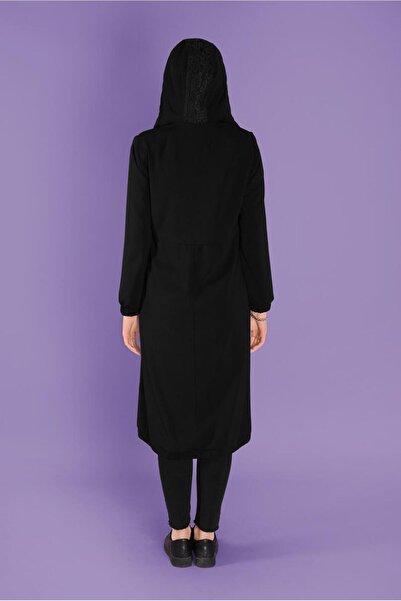 TRENDTESETTÜR Kadın Siyah Cebi Dantel Detaylı Metal Aksesuarlı Trençkot T 10395