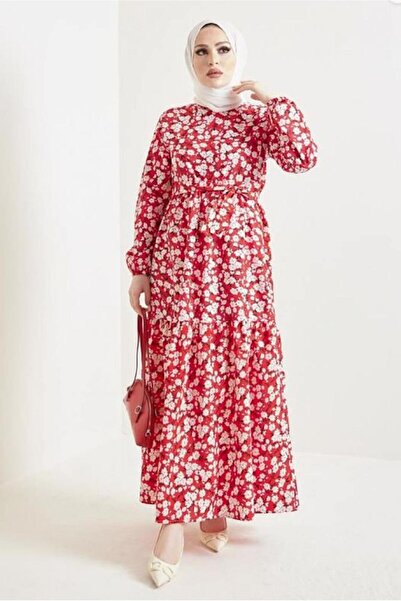 TRENDTESETTÜR WOMEN'S RED FLOWER PATTERNED BELLOW DRESS T 434