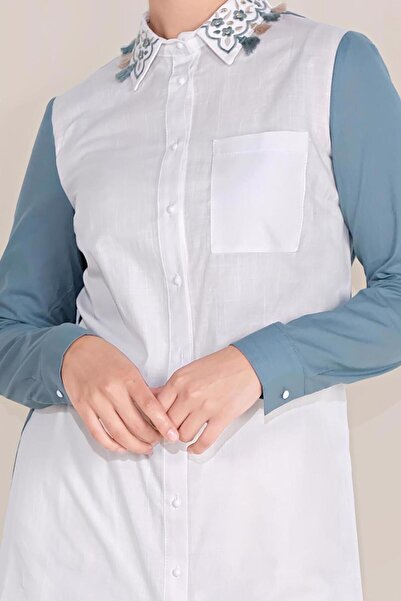 TRENDTESETTÜR Women's Blue (aqua) Cotton Embroidered Collar Tunic T 40596