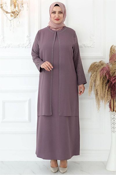 TRENDTESETTÜR Γυναικείο βραδινό φόρεμα με ροζ πέτρα - Gülkurusu T 4621