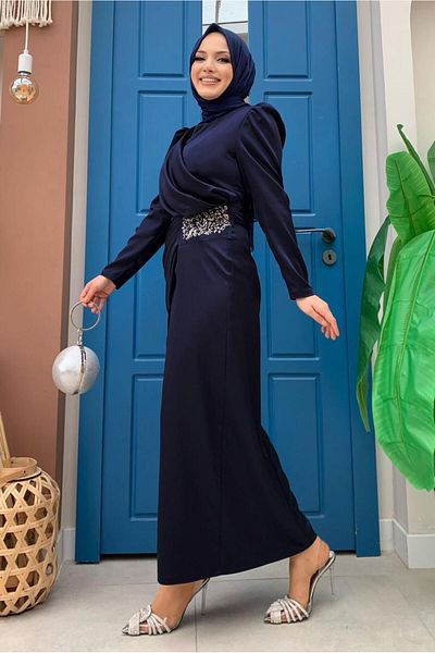 TRENDTESETTÜR Γυναικείο βραδινό φόρεμα Navy Blue Stone - Shirring T 6873