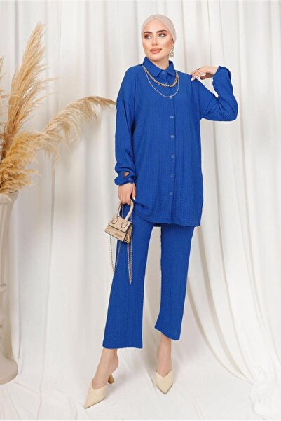 TRENDTESETTÜR Women's Navy Blue (NDIGO) Embossed Patterned Chain Trousers Suit T 3603