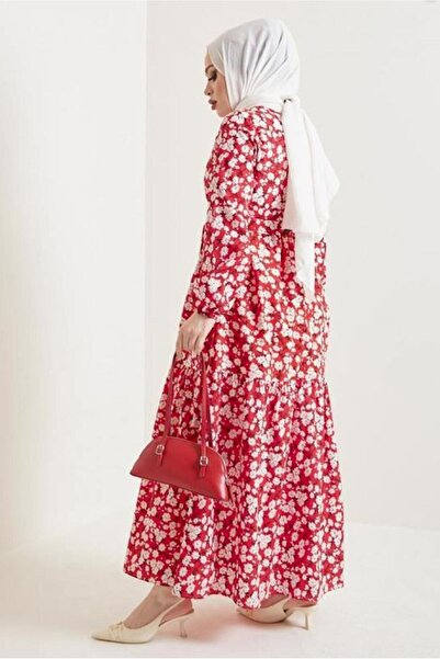 TRENDTESETTÜR WOMEN'S RED FLOWER PATTERNED BELLOW DRESS T 434