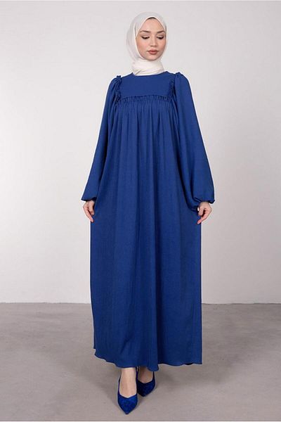 TRENDTESETTÜR Γυναικείο φόρεμα Navy Blue Indigo με φαρδύ μανίκι και λεπτομέρεια βολάν - T 7885