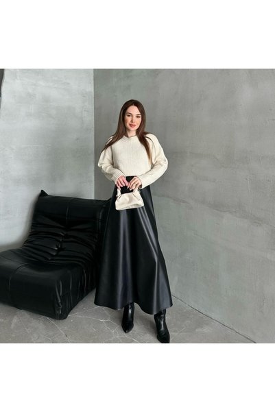 skycott تنورة مولانا نسائية بتصميم إسلامي، تنورة طويلة من الجلد الصناعي، تنورة جلدية مستقيمة بخصر مطاطي - أسود