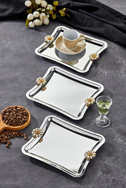 Turkco Duo Bella Flora Square Presentation Tray - Chrome, Handle Pattern, 22X16Cm, 3 Pieces