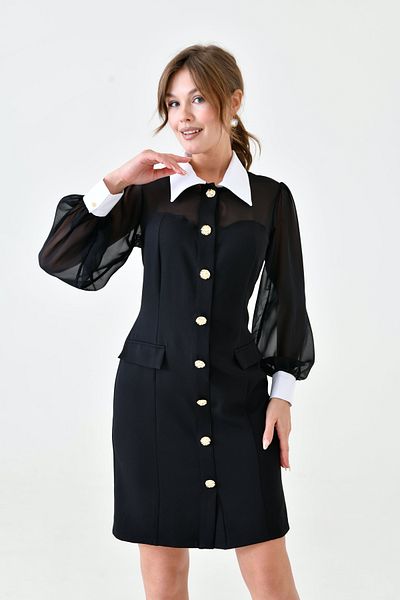Moda Amore Women's Dress - Collar and Cuff Detail Front Button Sleeves Tulle Modern Design 019