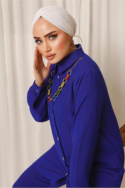 TRENDTESETTÜR Γυναικείο μπλε Navy Blue (SAKS) Κοστούμι παντελόνι με λεπτομέρεια αλυσίδας T 8303