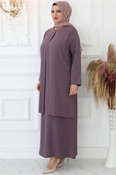 TRENDTESETTÜR Γυναικείο βραδινό φόρεμα με ροζ πέτρα - Gülkurusu T 4621
