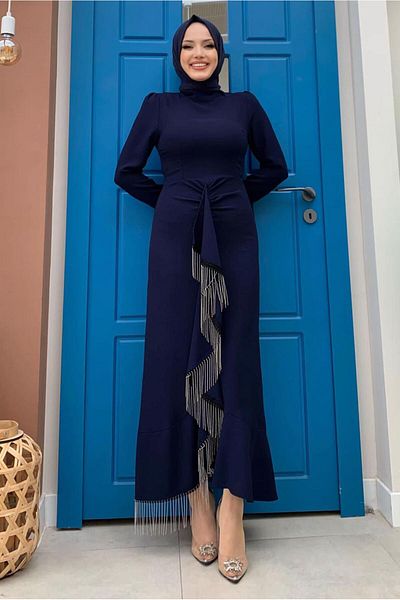 TRENDTESETTÜR Γυναικείο βραδινό φόρεμα με λεπτομέρεια με αλυσίδα Navy Blue T 0183