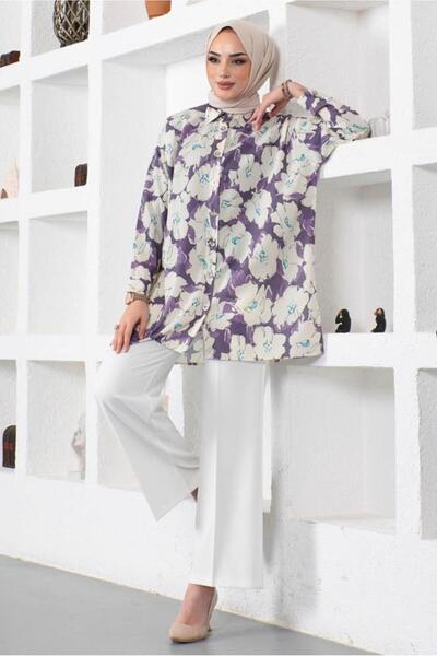 TRENDTESETTÜR WOMEN'S PURPLE (A.PURPLE) PATTERNED SHIRT WITH SLIT TUNIC T 9888