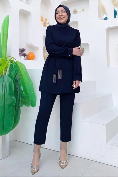 TRENDTESETTÜR Γυναικείο Σετ με Λεπτομέρεια Αλυσίδα Navy Blue - Παντελόνι T 4248