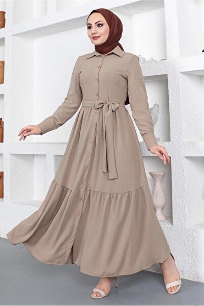 TRENDTESETTÜR فستان نسائي بيج بياقة قميص وحزام T 344