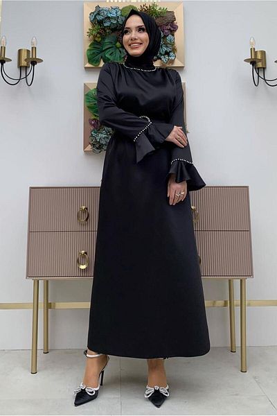 TRENDTESETTÜR Γυναικείο βραδινό φόρεμα με μαύρο μαργαριτάρι με λεπτομέρεια με ζώνη σατέν T 3973