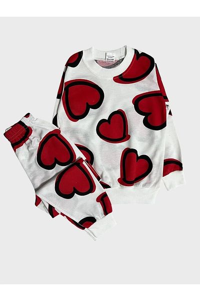 TOFU KİDS Girl's Cotton White Red Heart Patterned Long Sleeve Seasonal Pajamas Set
