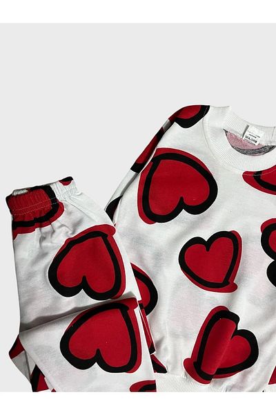 TOFU KİDS Girl's Cotton White Red Heart Patterned Long Sleeve Seasonal Pajamas Set