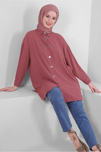 TRENDTESETTÜR Women's Pink (ROSE) Buttoned Shirt Tunic T 5234