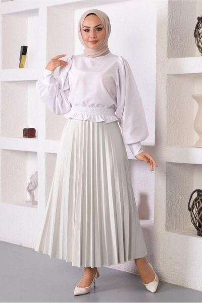 TRENDTESETTÜR WOMEN'S WHITE PLEATED ELASTIC WAIST SKIRT T 8354