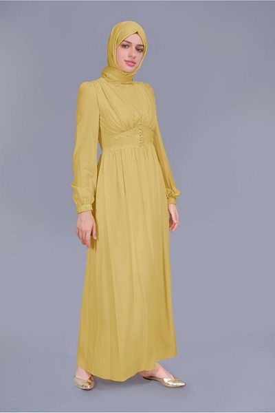 TRENDTESETTÜR Women's Yellow Lace Detailed Buttoned Dress T 41509