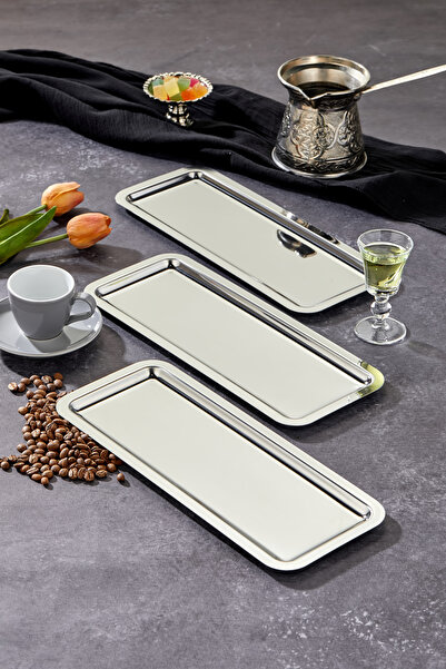 Turkco Elegante Baton Serisi Krom Sunum Tepsisi, Söz Nişan Tepsisi, 33x13cm, Avangart Dizayn, 3 Adet