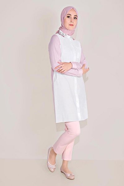 TRENDTESETTÜR Women's Powder Cotton Embroidered Collar Tunic T 40596
