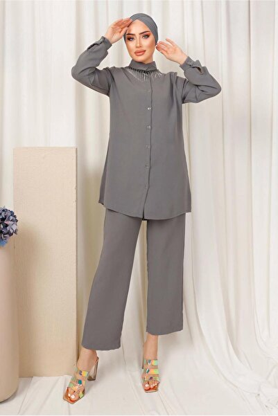 TRENDTESETTÜR Women's Gray Collar with Stone Chain Detail Pants Suit t 1503