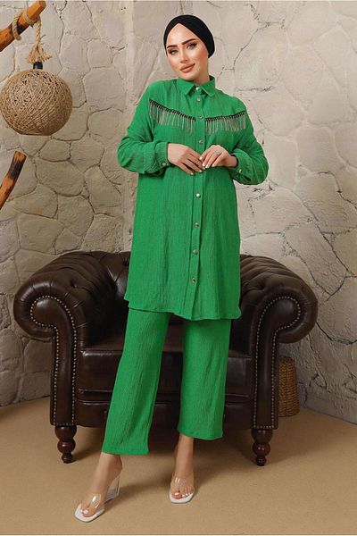 TRENDTESETTÜR Γυναικεία πράσινη αλυσίδα (BENETTON) Κοστούμι διπλό παντελόνι με λεπτομερή κουμπιά T 5203