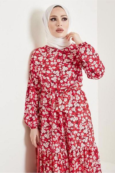 TRENDTESETTÜR WOMEN'S RED FLOWER PATTERNED BELLOW DRESS T 434
