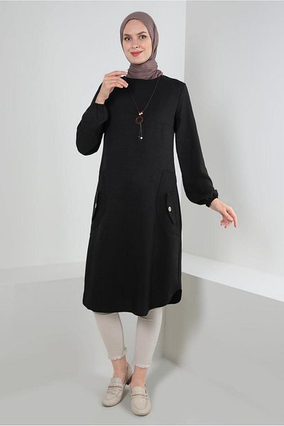 TRENDTESETTÜR WOMEN'S BLACK POCKET DETAILED CYCLING NECK TUNIC T 2885