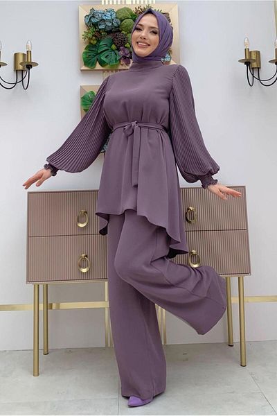 TRENDTESETTÜR WOMEN'S PURPLE (LILA) PLEATED WIDE-LEG TROUSERS WITH SLEEVES T 5348
