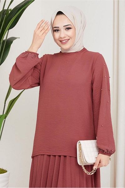 TRENDTESETTÜR Γυναικείο ροζ (GÜLKURUSU) Σετ με χάντρες με μανίκια T 3013