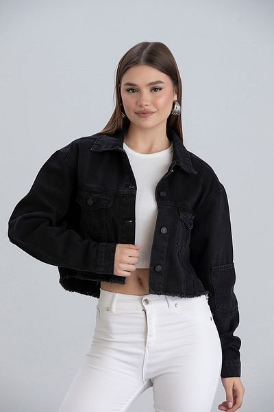 sea milano Jachetă de blugi crop din denim cu buzunar dublu cu ciucuri negre pentru femei