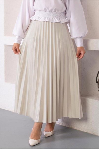 TRENDTESETTÜR تنورة نسائية بيج مطوي بخصر مطاطي T 8354