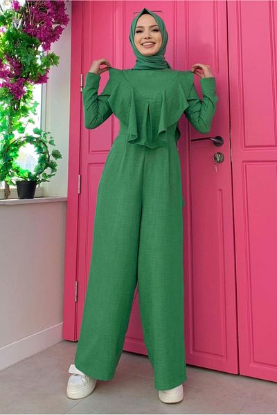 TRENDTESETTÜR Salopetă verde (Smirald) pentru femei, cu detaliu cu volane, cu picioare largi T 0873