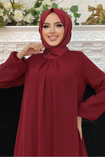 TRENDTESETTÜR Kadın Bordo Manşetleri Lastikli Şifon Kat Elbise T 0603